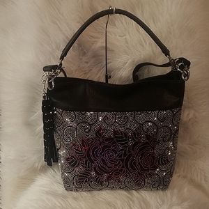 FLORAL DESIGN RHINESTONE HOBO BAG